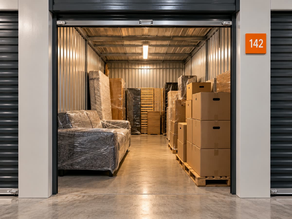 Düzenli istiflenmiş eşyaların bulunduğu depo odası
